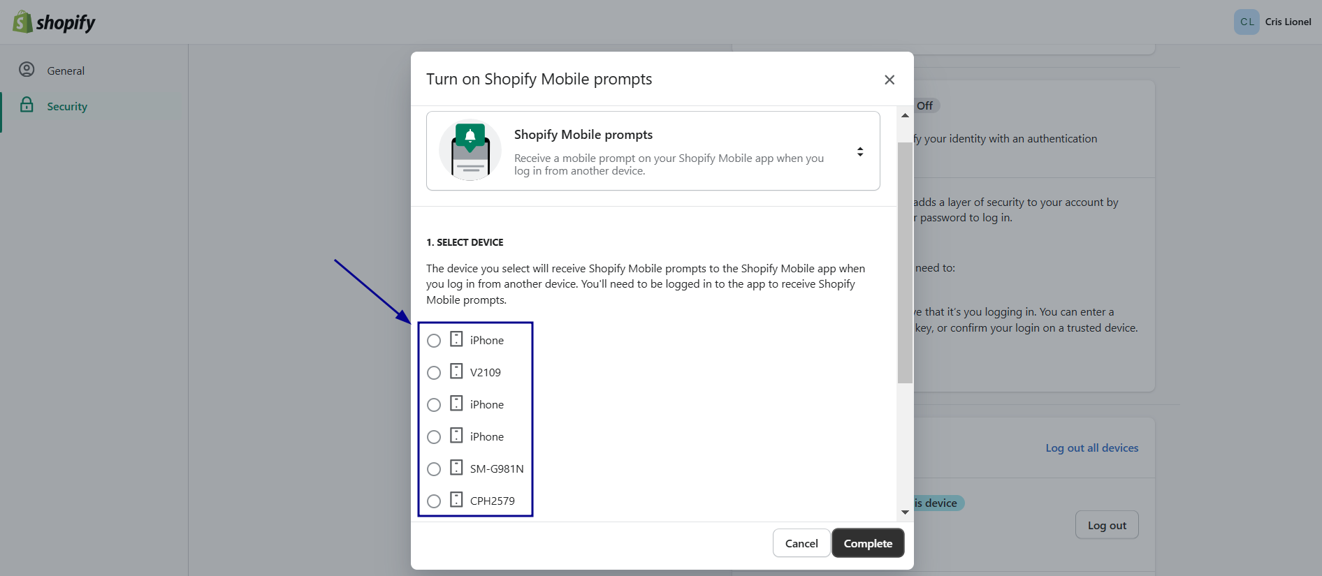select your device